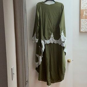 Olive Green Dress with White Lace Trim